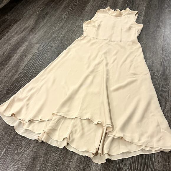 Theory 100% Silk Sleeveless Tie Back Midi Dress High Low Hem Nude Beige Elegant - Picture 13 of 16